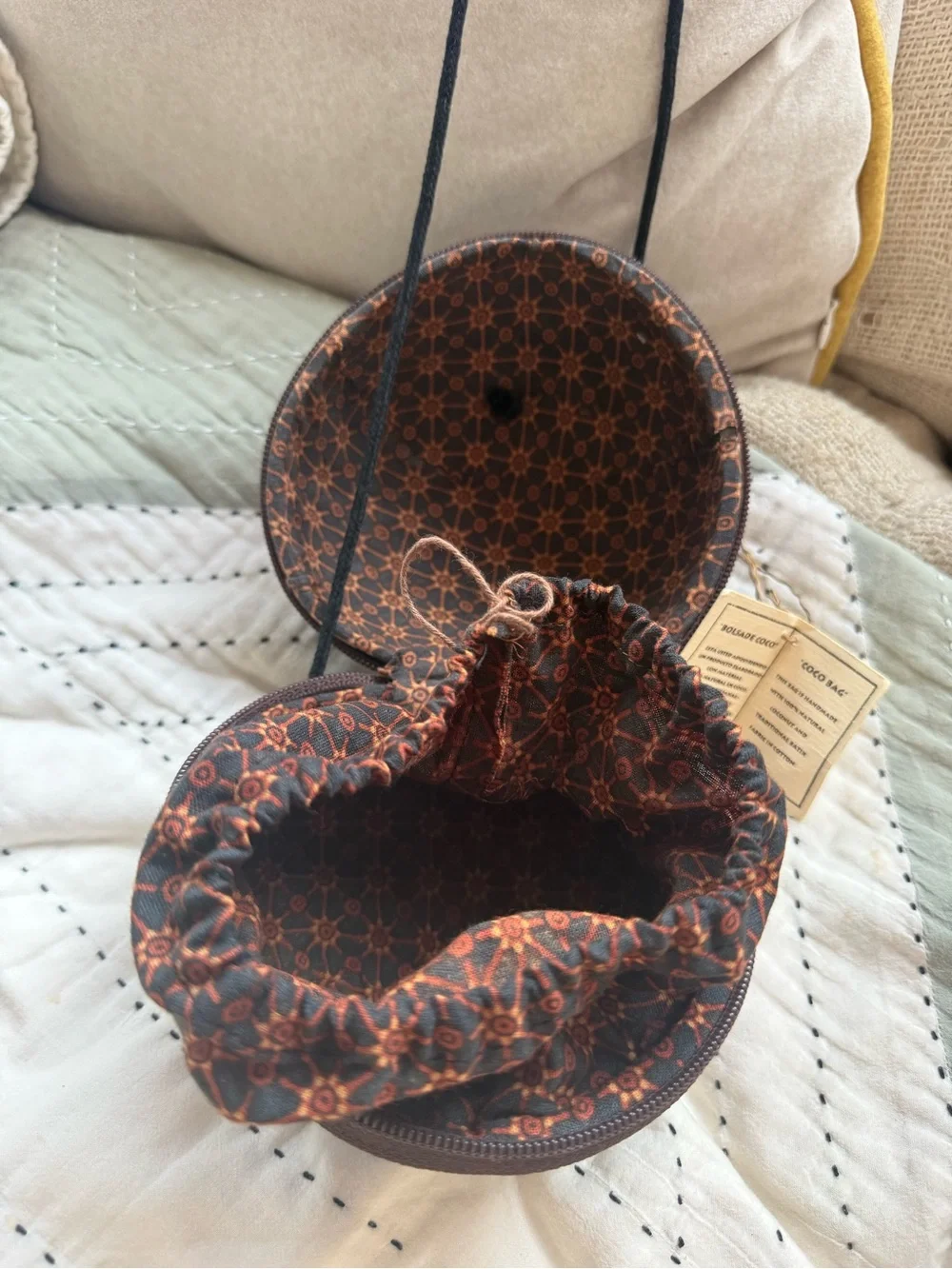 NWT WAYAN Coconut Shell Crossbody Coco Bag Handmade Boho Batik Artisan Purse